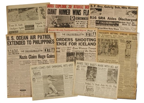 Collection of (8) Vintage Baseball Newspapers For Memorable Moments Including DiMaggio, Mays, and Gehrig
